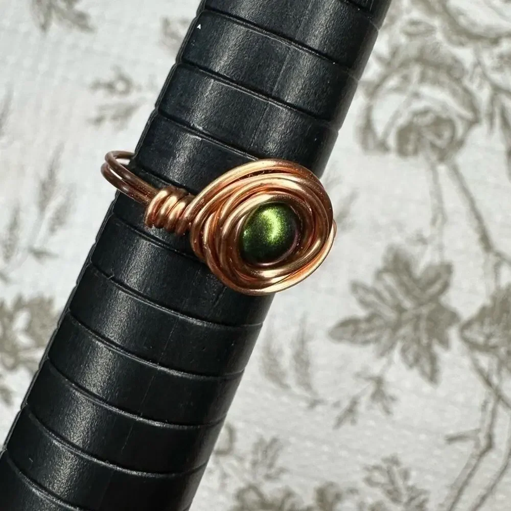Handmade copper wire wrap ring green bead
